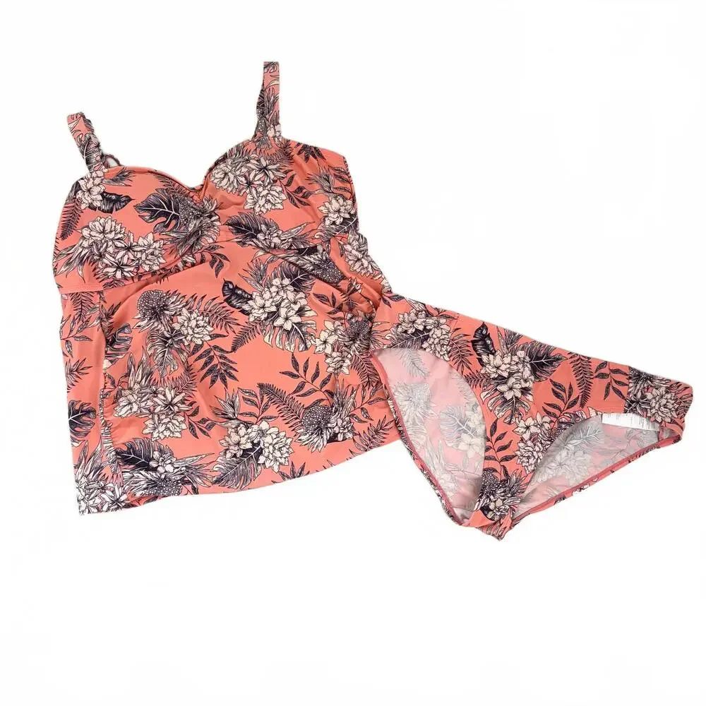 Motherhood Maternity | 2‎ Piece Strappy Tankini Peach Purple Floral Size XL